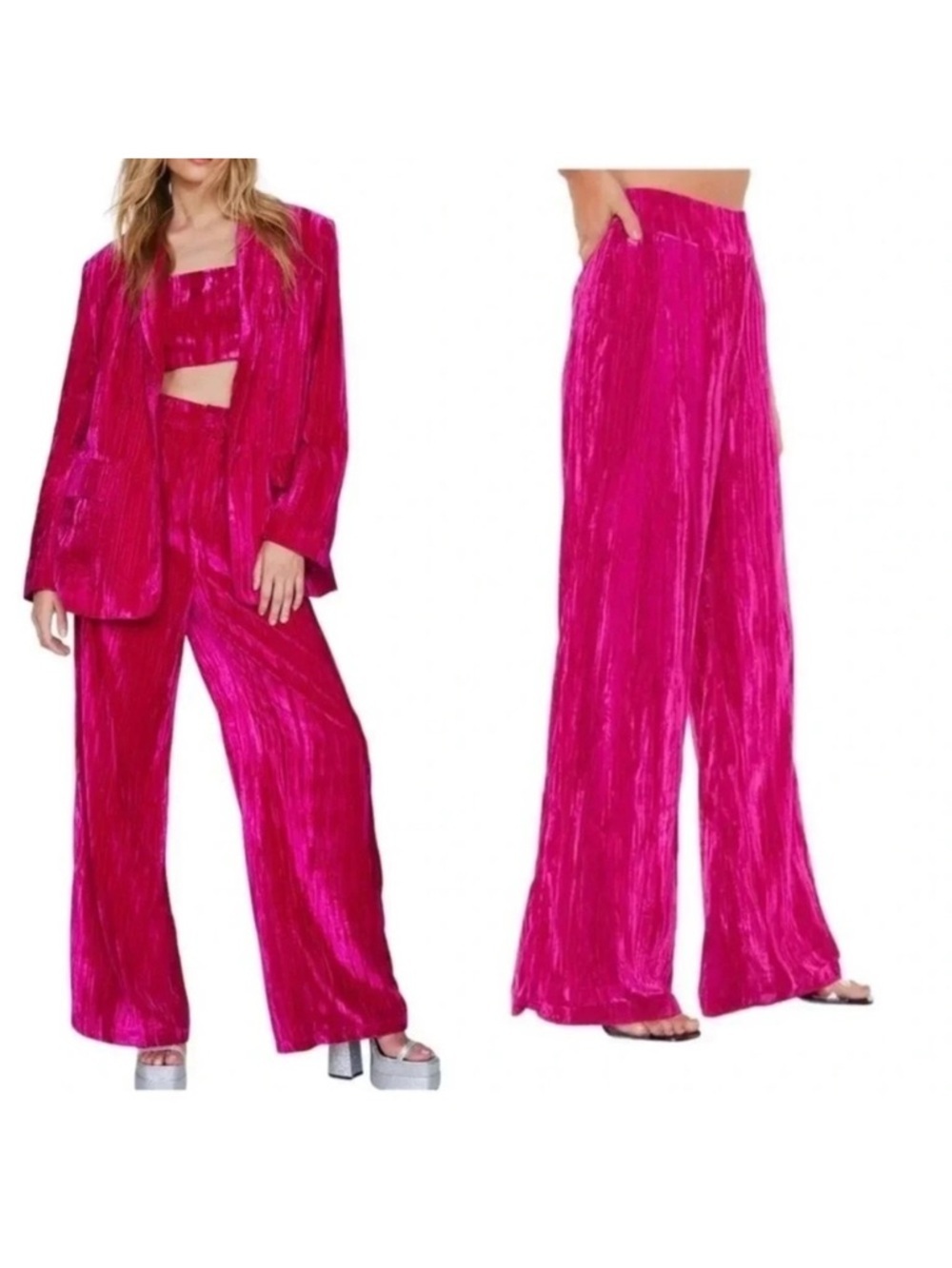 Nasty Gal Wide Leg Velvet-Effect Blazer and Pants SET in Fuchsia Pink Size 6